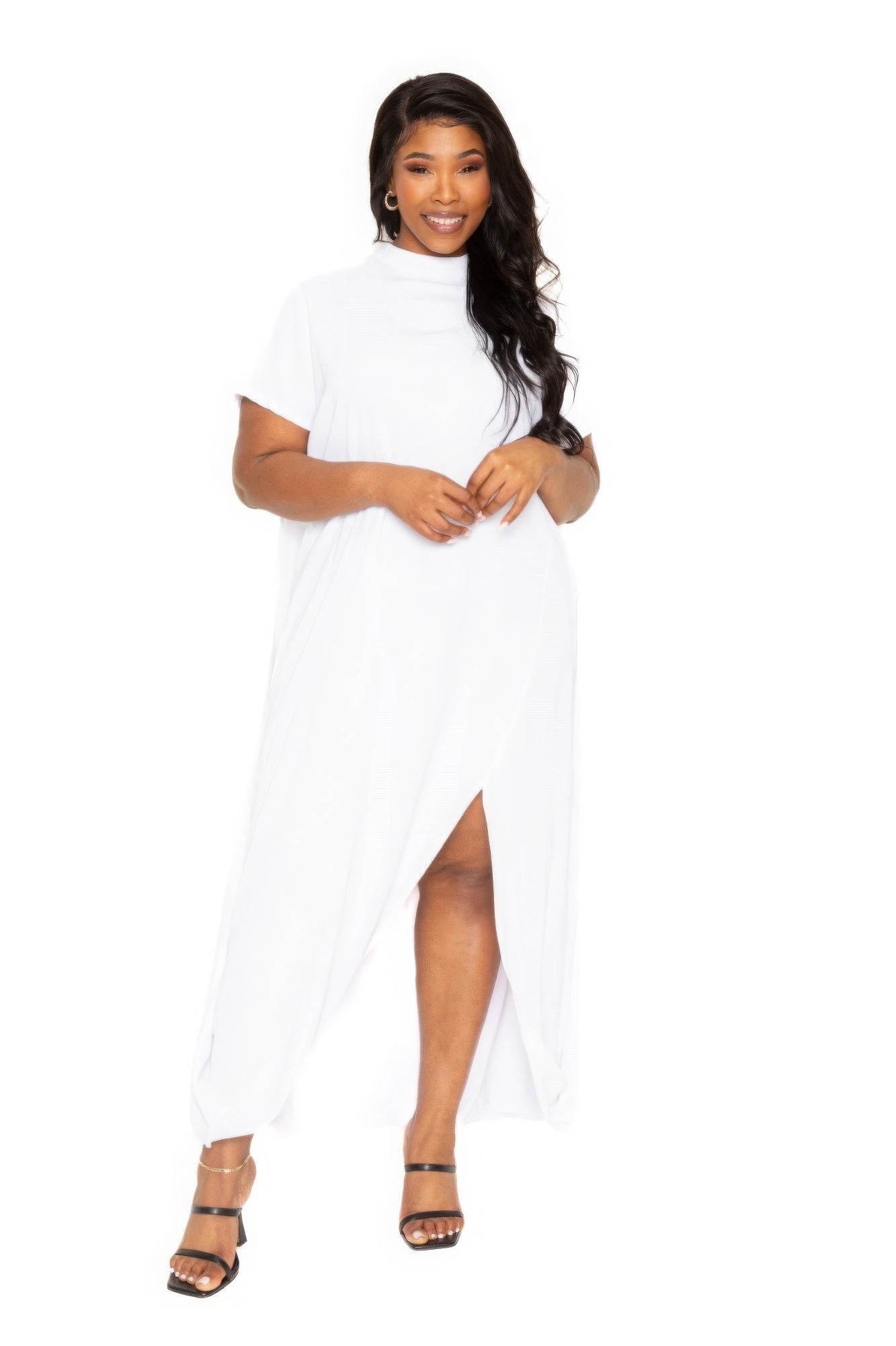 Mock neck back cape dress - White / 1XL