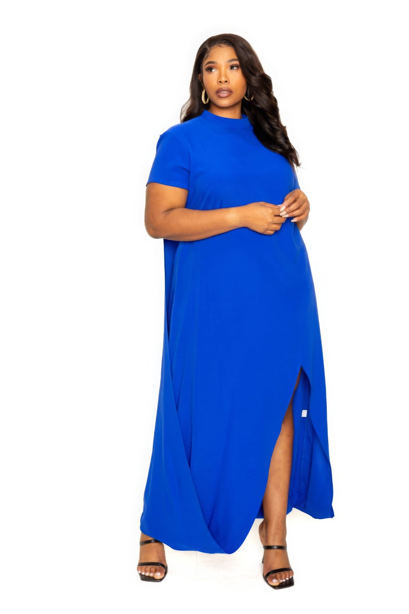 Mock neck back cape dress - Royal / 1XL