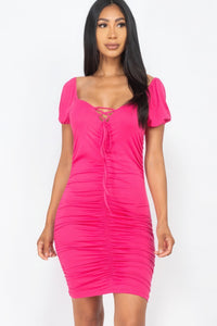 Front Lace Up Ruched Mini Dress - Fuchsia / S