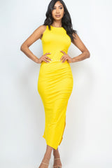 Sleeveless Ruched Side Split Maxi Dress - Yellow / S