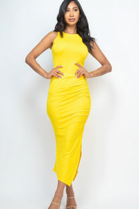 Sleeveless Ruched Side Split Maxi Dress - Yellow / S