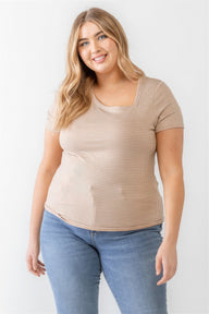 Taupe Waffle Knit Angled Neck Short Sleeve Top