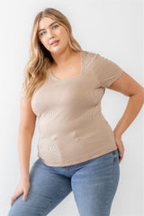 Taupe Waffle Knit Angled Neck Short Sleeve Top