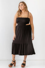 Plus Smocked Cut-out Strappy Flare Hem Midi Dress - Black / 1XL