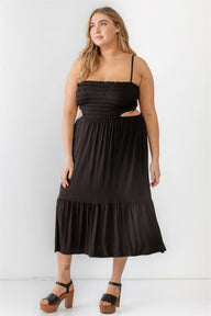 Plus Smocked Cut-out Strappy Flare Hem Midi Dress - Black / 1XL