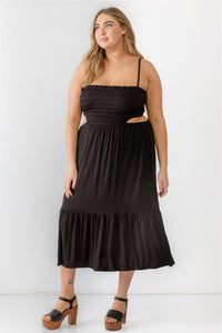 Plus Smocked Cut-out Strappy Flare Hem Midi Dress - Black / 1XL