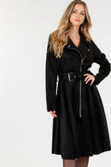 Waist Belt Tacked Faux Suede Coat