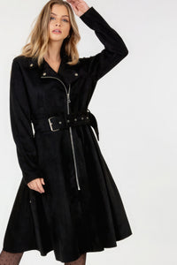 Waist Belt Tacked Faux Suede Coat