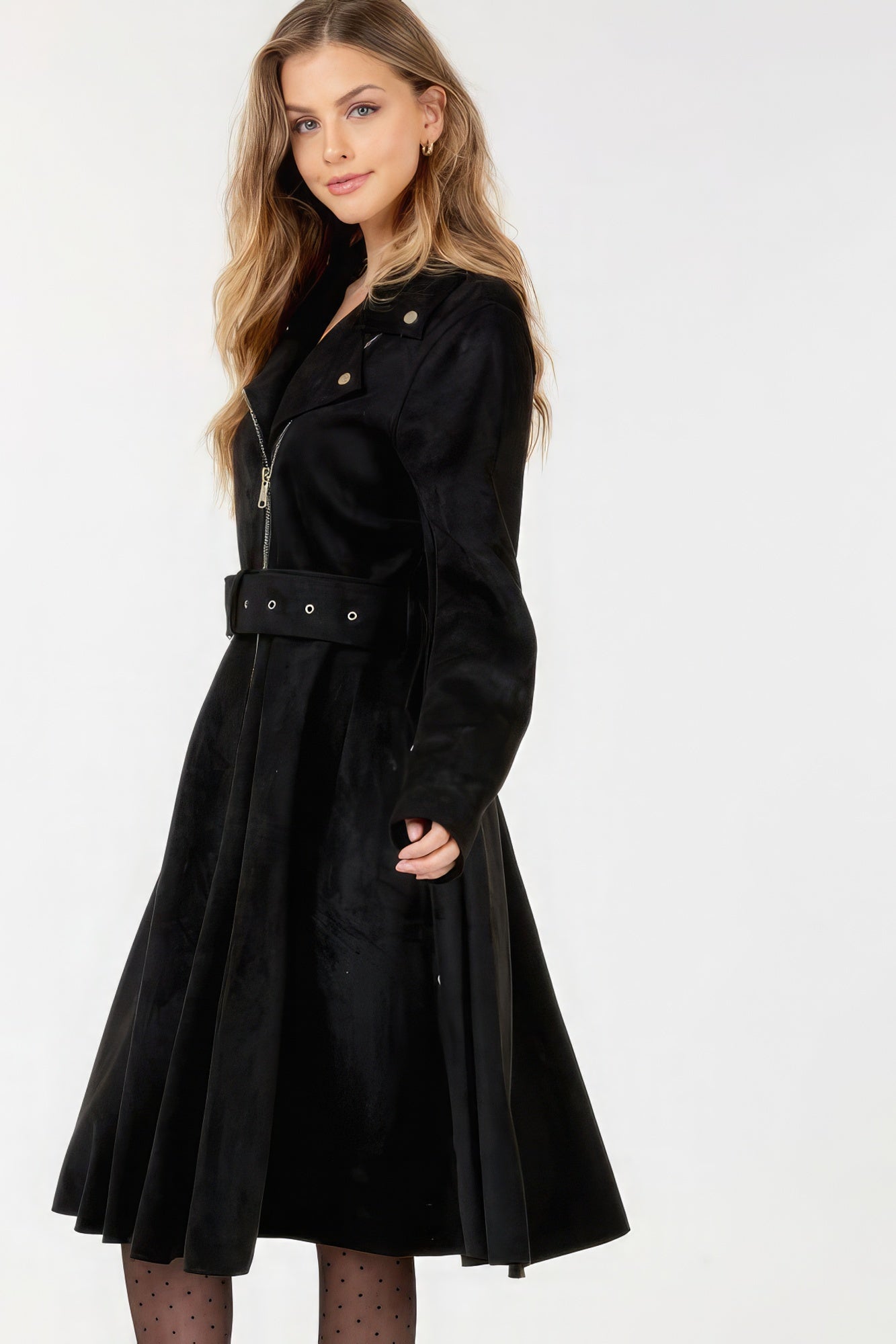 Waist Belt Tacked Faux Suede Coat