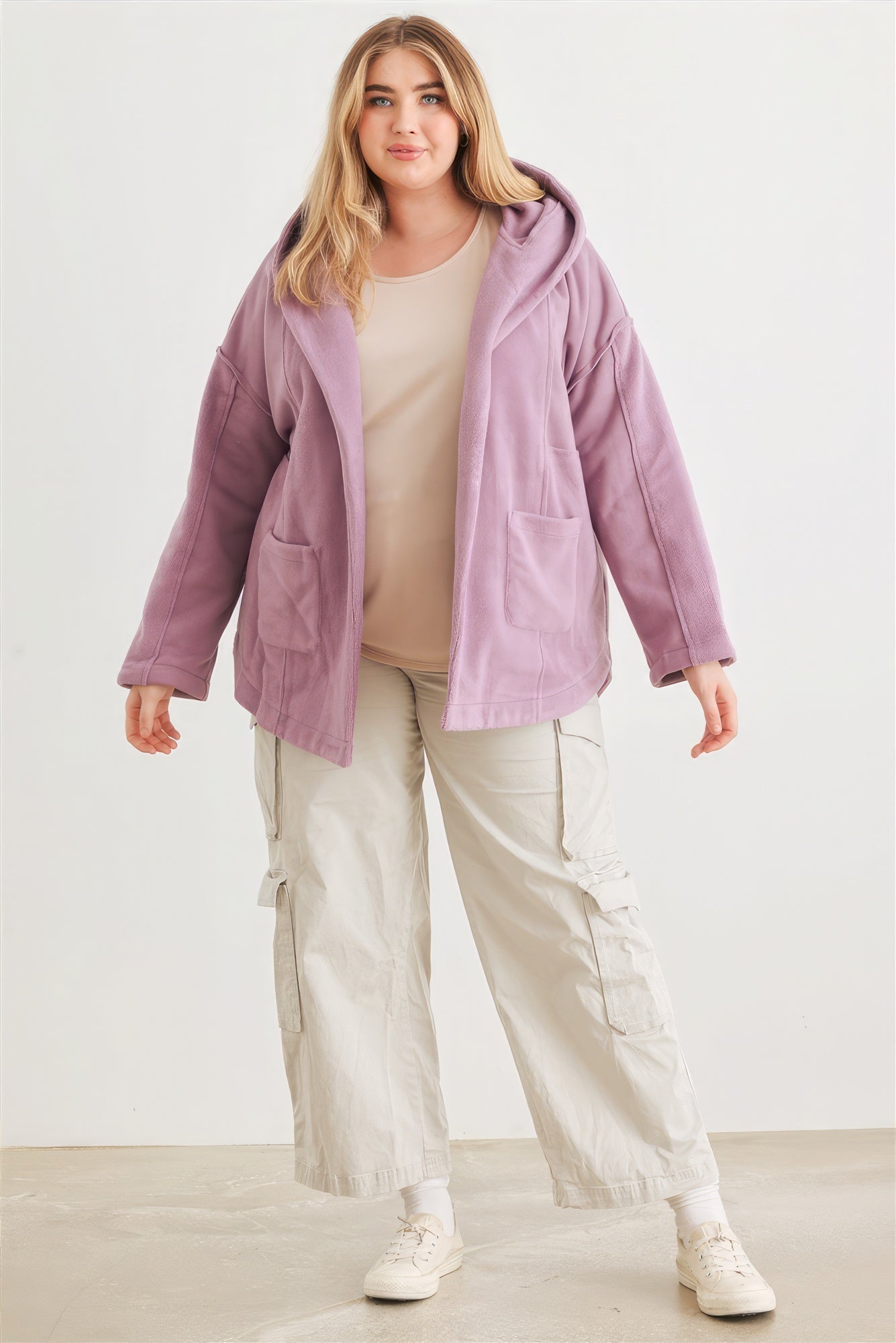 Two Pocket Open Front Soft To Touch Hooded Cardigan Jacket