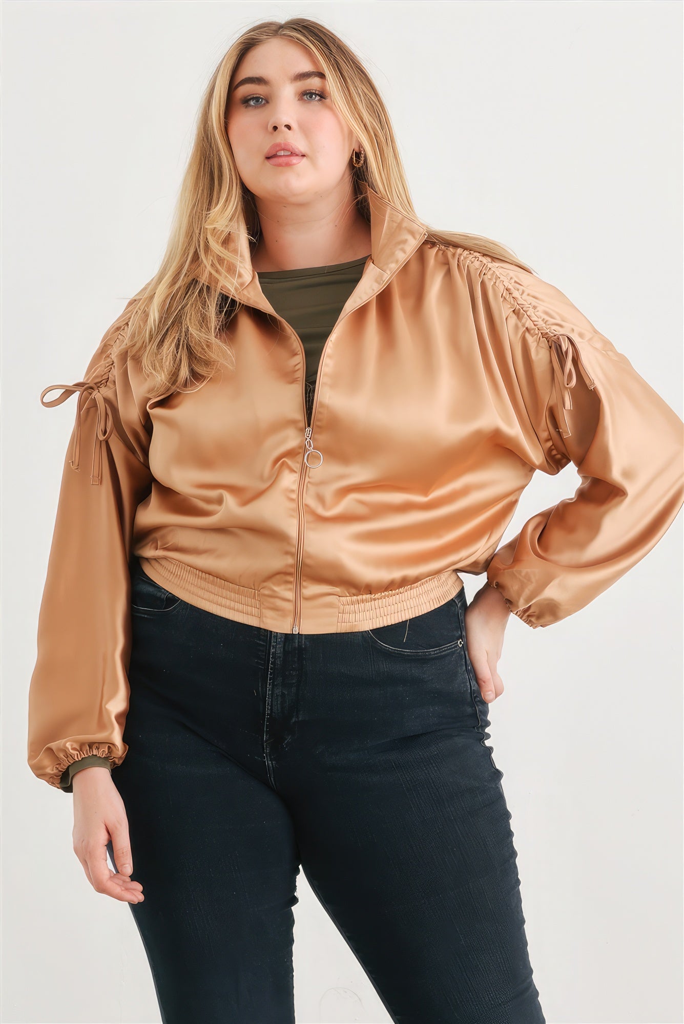 Plus Satin Zip-up Ruched Long Sleeve Cropped Bomber Jacket - Taupe / 1XL