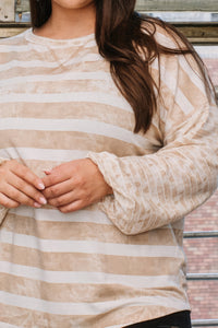 Stripe Printed French Top - Taupe / 1XL