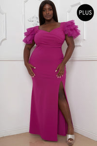 Mesh Tulle Shoulder Plus Size Maxi Dress - Hot Magenta / 1XL