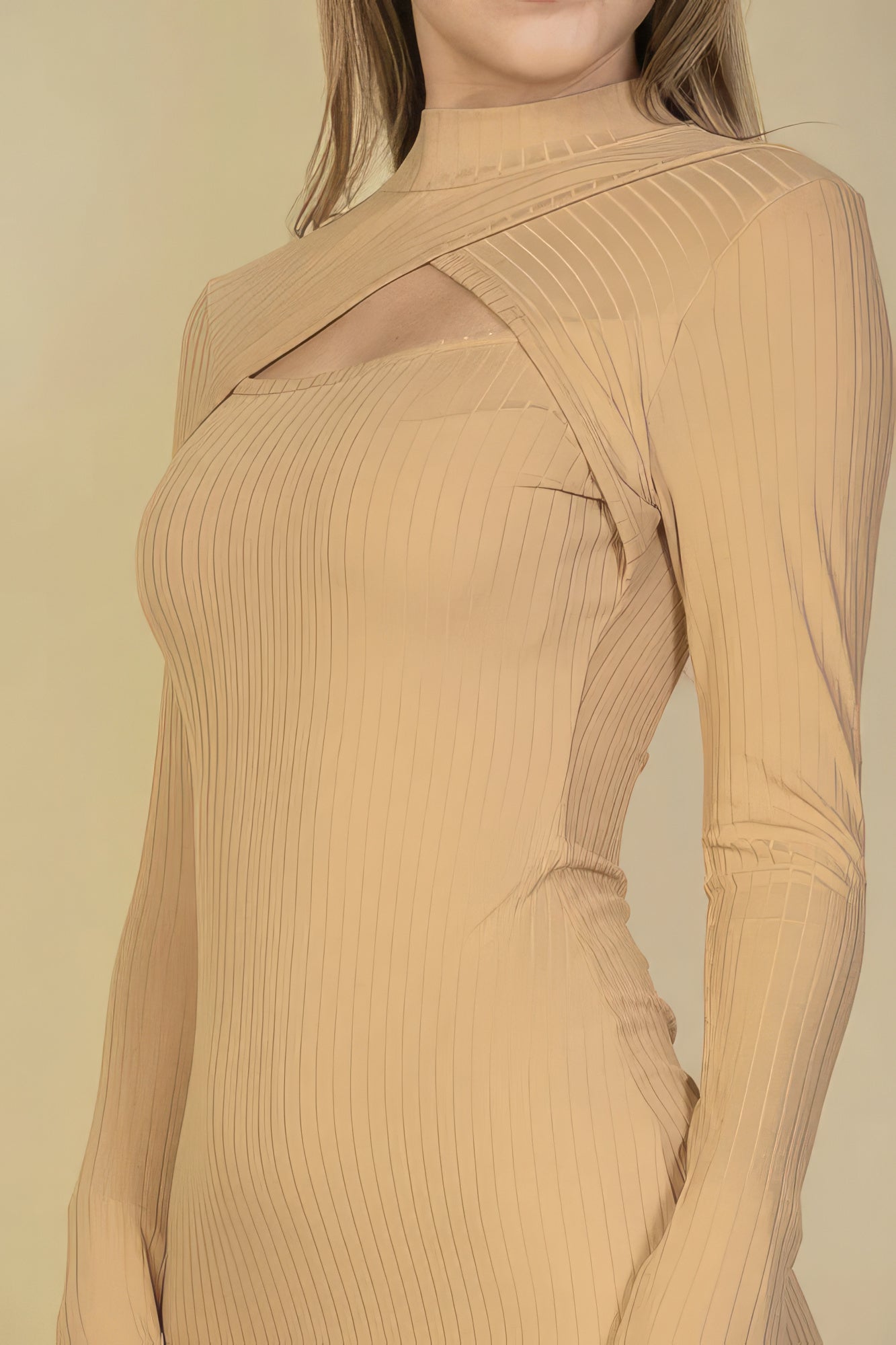 Ribbed Cut Out Front Long Sleeve Bodycon Mini Dress - Light Taupe / S