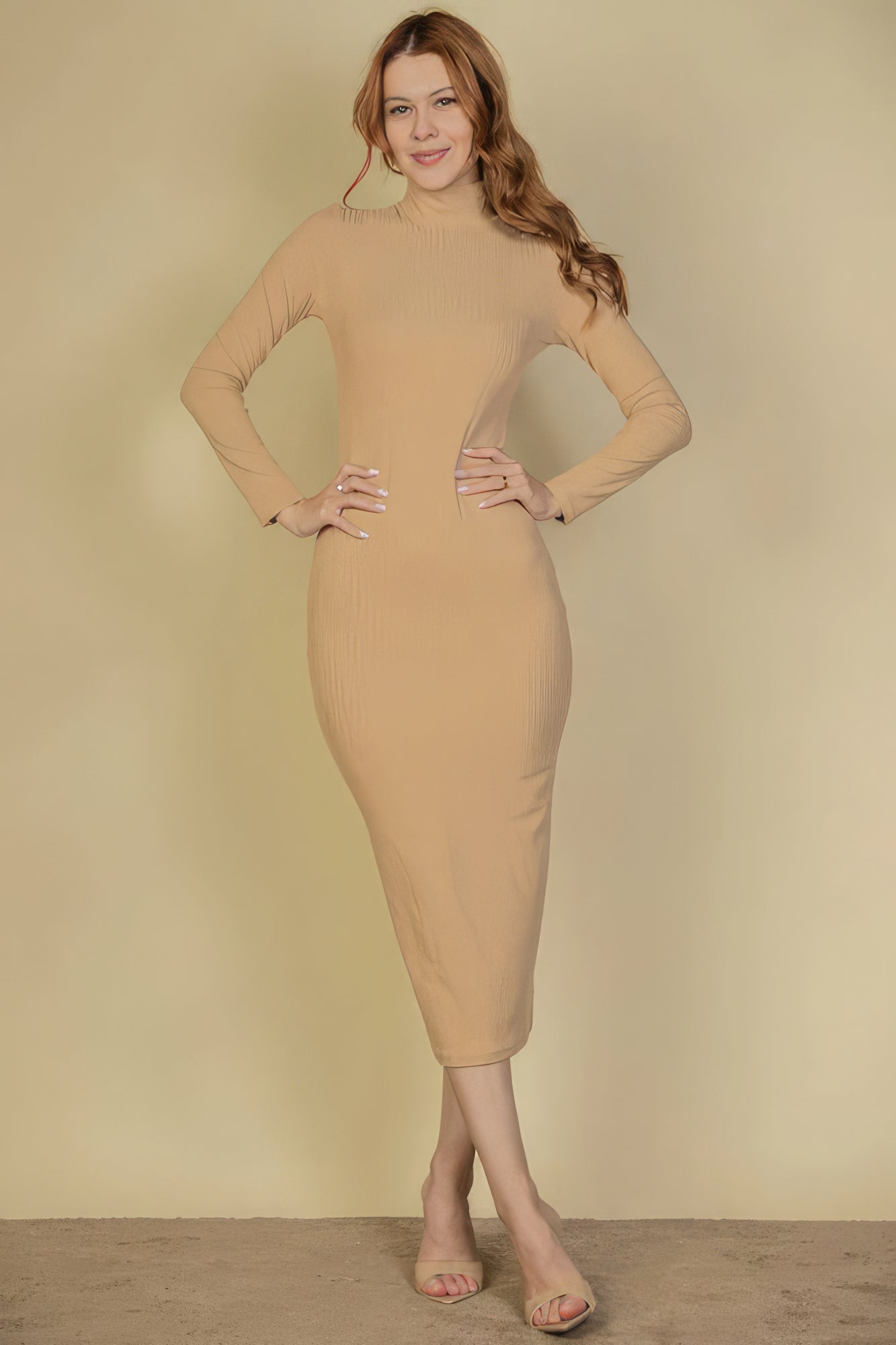 Ribbed Mock Neck Long Sleeve Bodycon Midi Dress