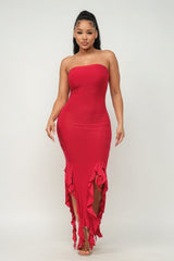 Solid Bottom Ruffle Trim Hem Slit Tube Maxi Dress