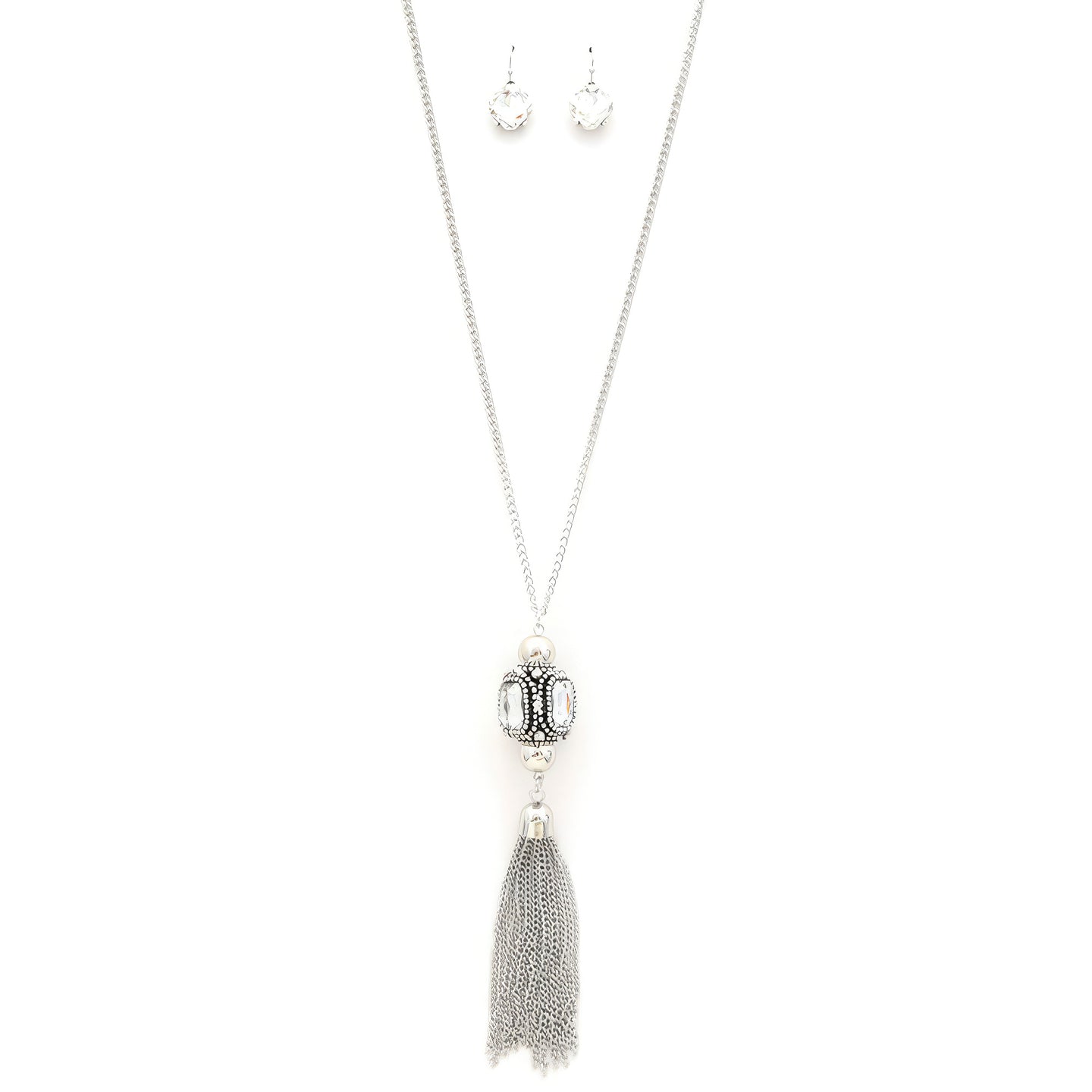 Cube Rhinestone Chain Tassel Necklace - Silver