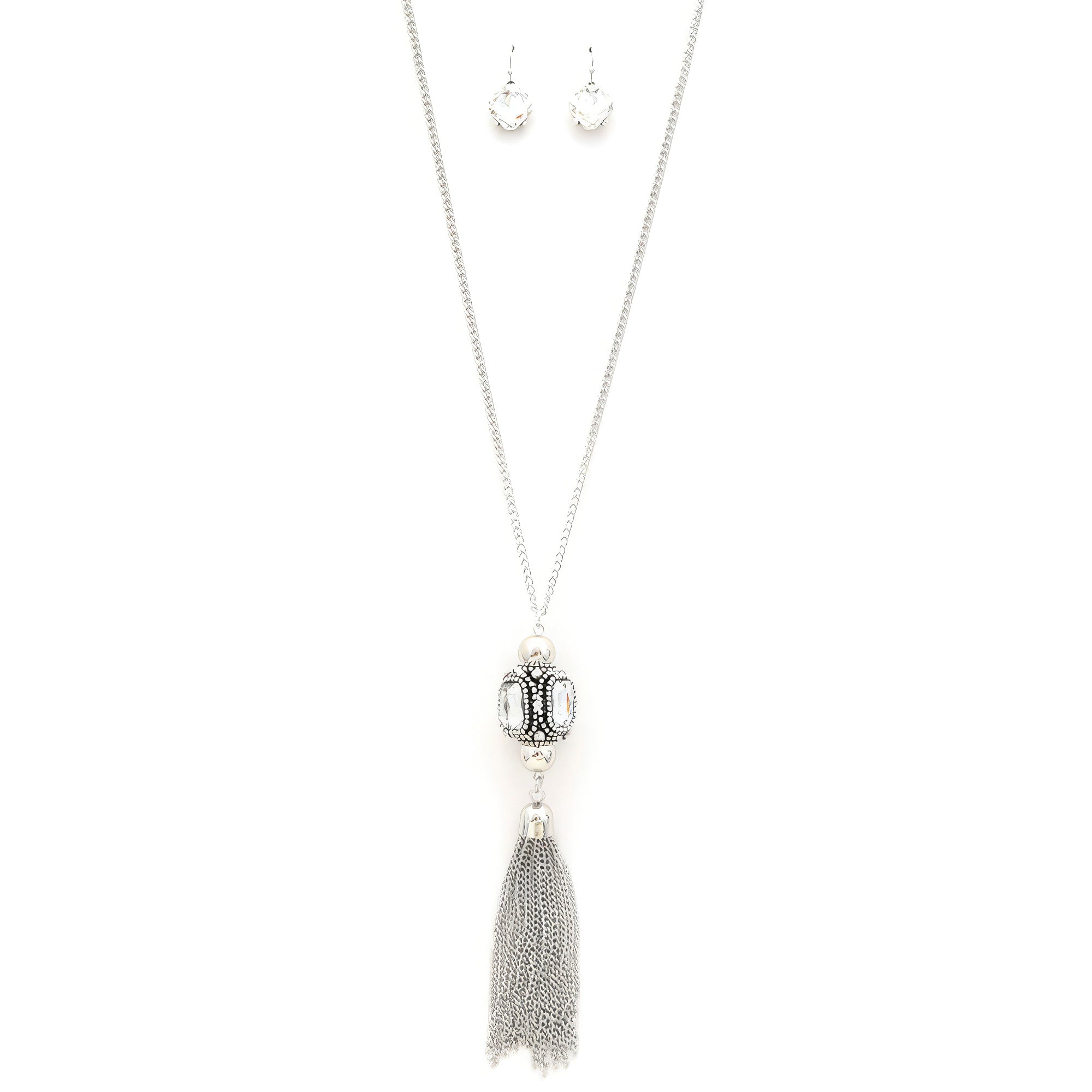 Cube Rhinestone Chain Tassel Necklace - Silver