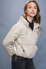 Pu Faux Leather Zipper Hooded Puffer Jacket