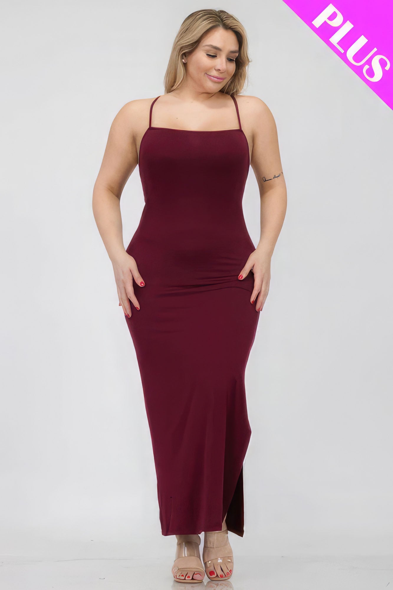 Plus Size Crisscross Back Split Thigh Maxi Dress - Burgundy / 1XL