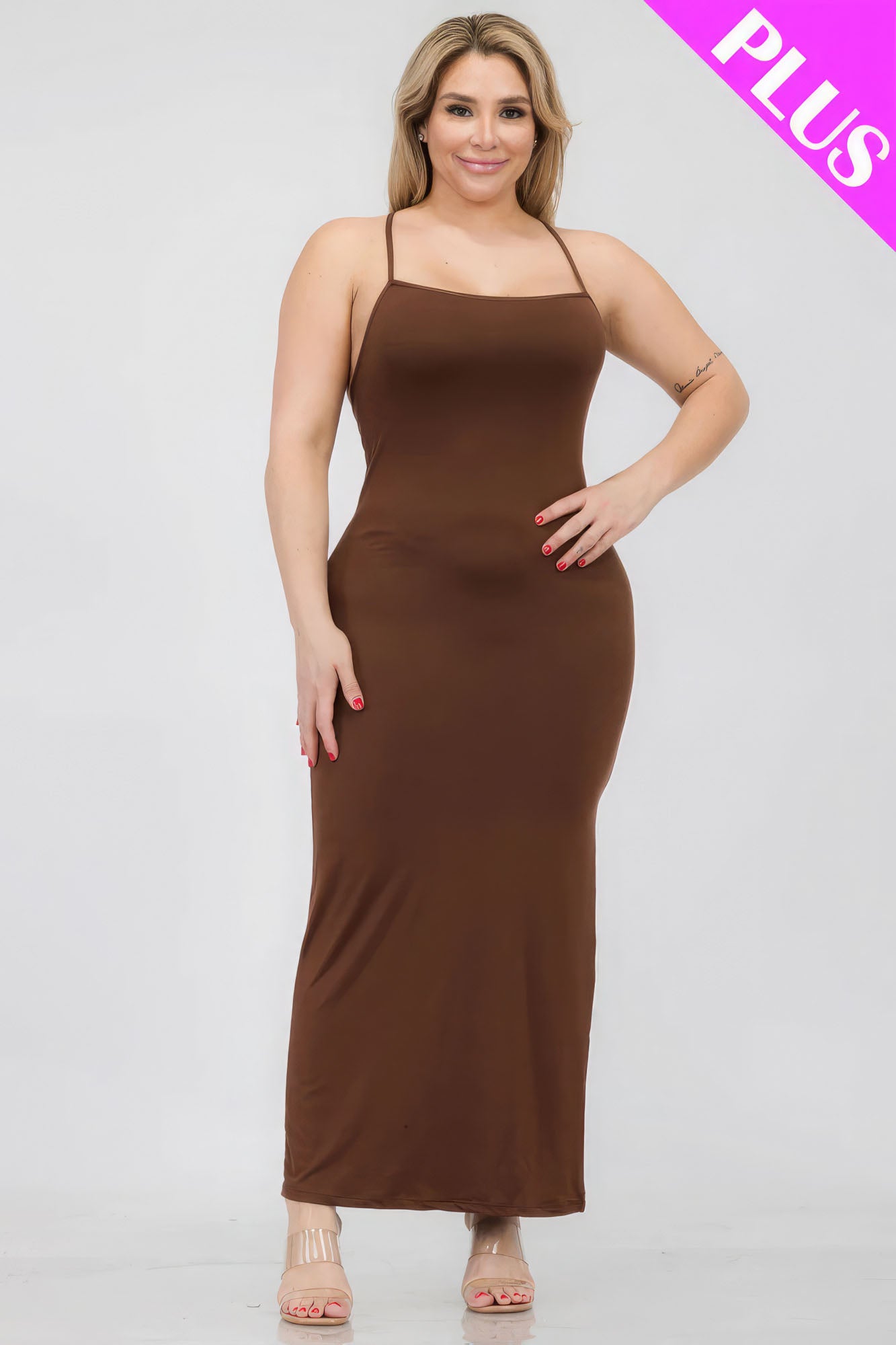 Plus Size Crisscross Back Split Thigh Maxi Dress - Downtown Brown / 1XL