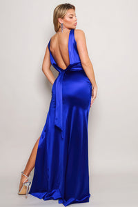 Sleeveless Deep V Low Back Bow Maxi Dress