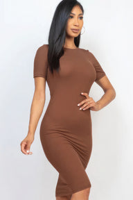 Ribbed Bodycon Midi Dress - Downtown Brown / S