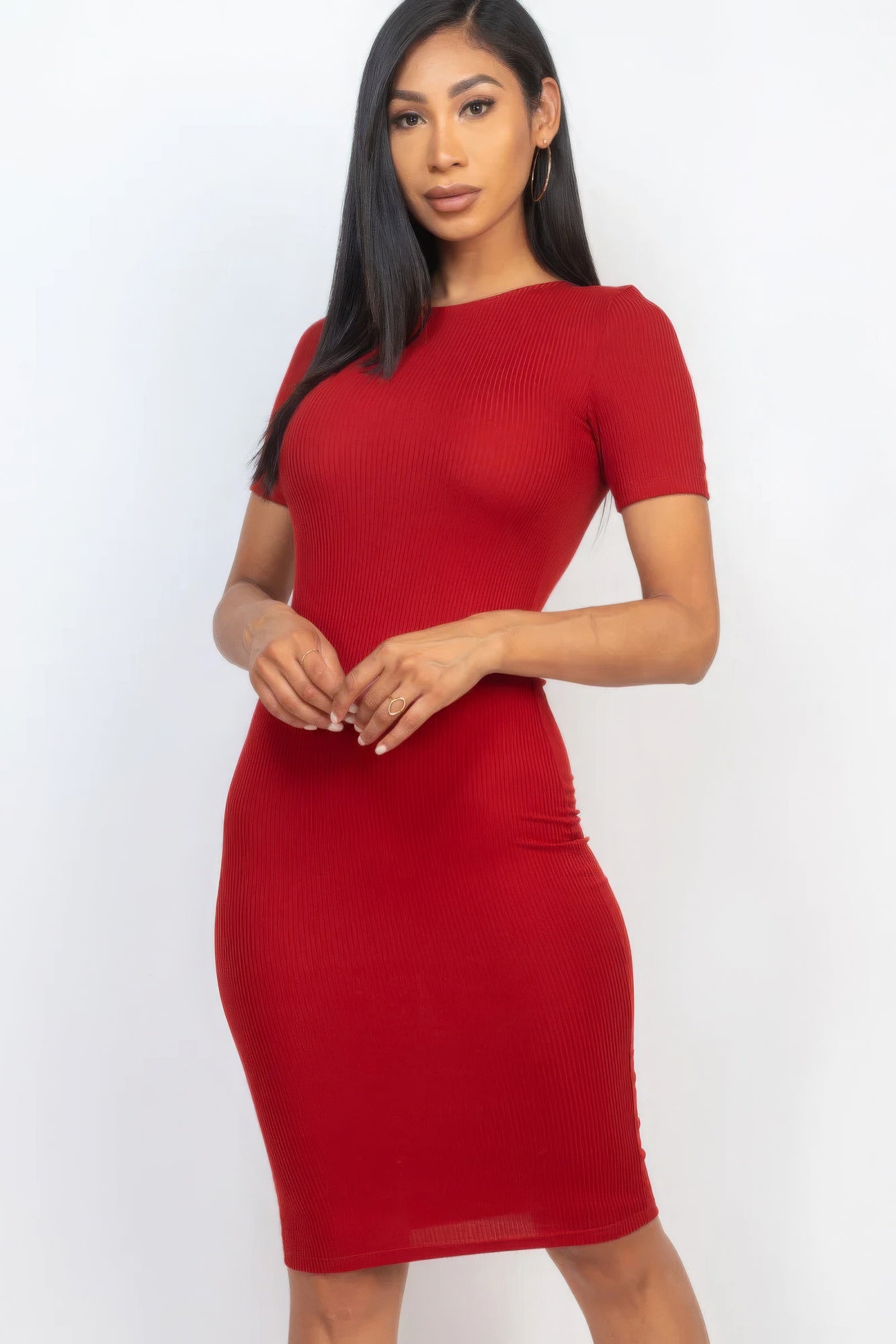 Ribbed Bodycon Midi Dress - Winery / S