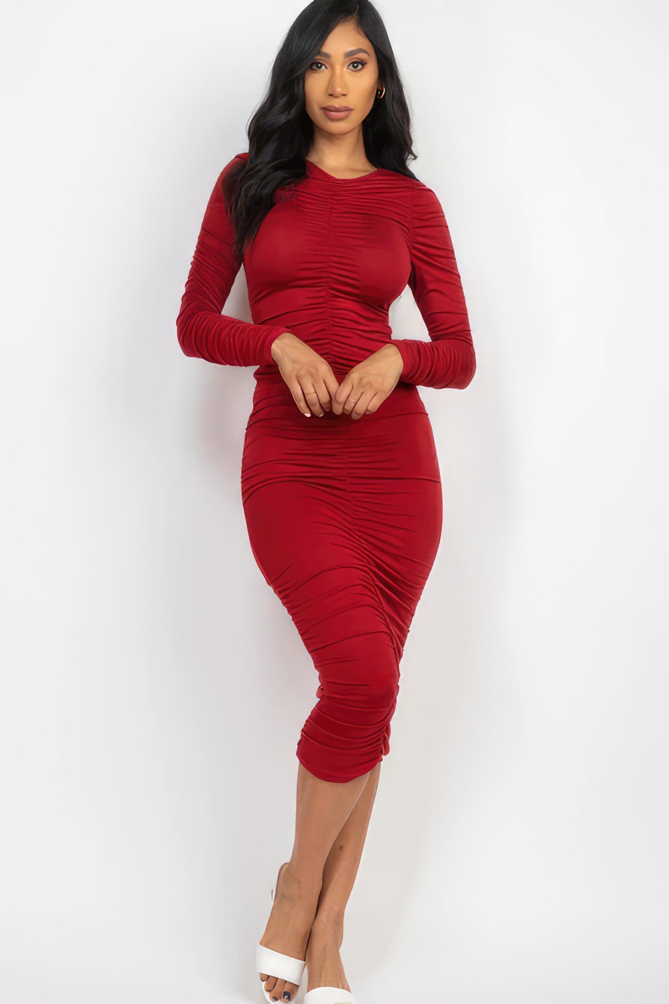 Ruched Long Sleeve Midi Dress - Winery / S