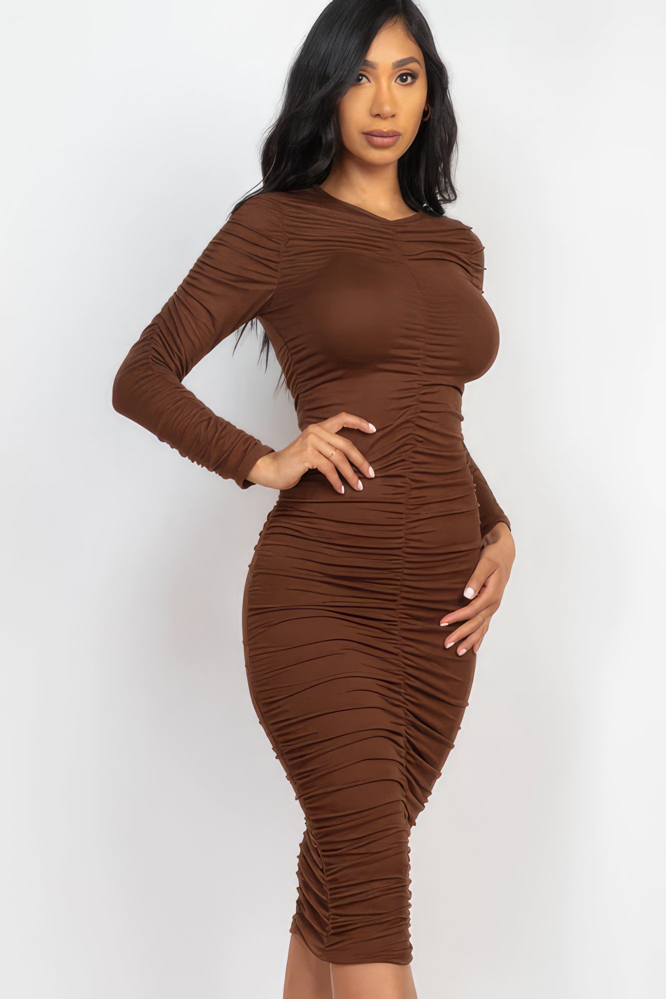 Ruched Long Sleeve Midi Dress - Coffee / S