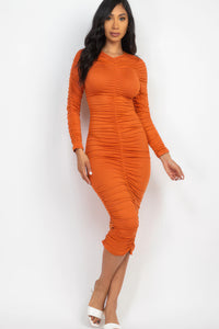 Ruched Long Sleeve Midi Dress - Mango / S