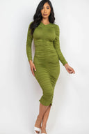 Ruched Long Sleeve Midi Dress - Olive Branch / S