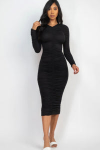 Ruched Long Sleeve Midi Dress - Black / S