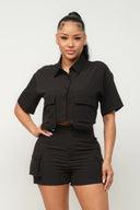 Front Button Down Side Pockets Top And Shorts Set - Black / S