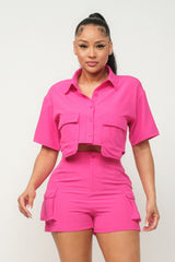 Front Button Down Side Pockets Top And Shorts Set - Fuchsia / S