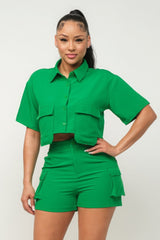 Front Button Down Side Pockets Top And Shorts Set - Kelly Green / S