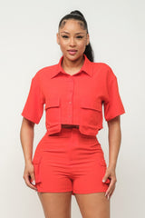 Front Button Down Side Pockets Top And Shorts Set - Orange / S