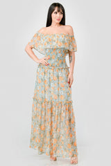 Floral Chiffon Off Shoulder Smocked Back Ruffled Tiered Maxi Dress