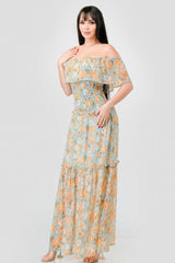 Floral Chiffon Off Shoulder Smocked Back Ruffled Tiered Maxi Dress