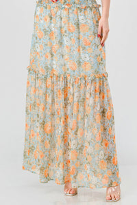 Floral Chiffon Off Shoulder Smocked Back Ruffled Tiered Maxi Dress