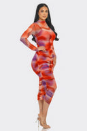 Summer Heat Print Mesh Ruched Midi Dress - Tomato/Purple / S