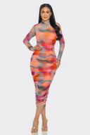 Summer Heat Print Mesh Ruched Midi Dress - Pink/Orange / S