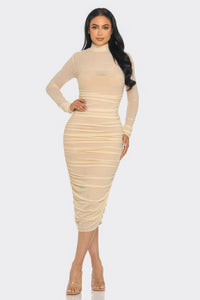 Solid Mesh Ruched Midi Dress