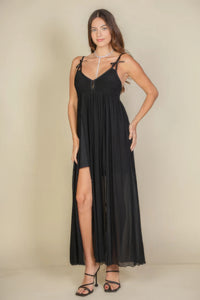 Plunge Neck Split Thigh Mesh Maxi Dress