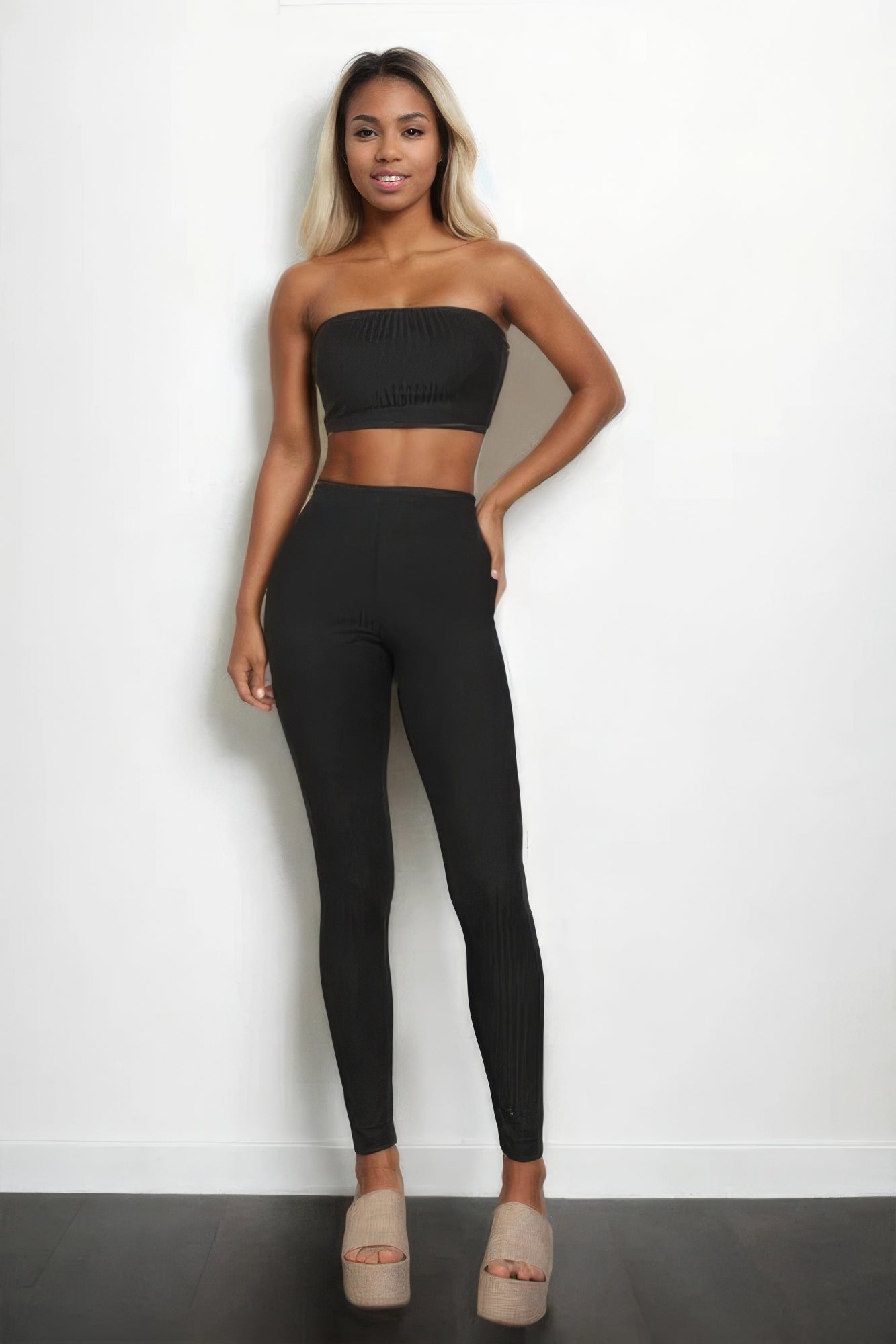 Ribbed Tube Top & Leggings Set - Black / S