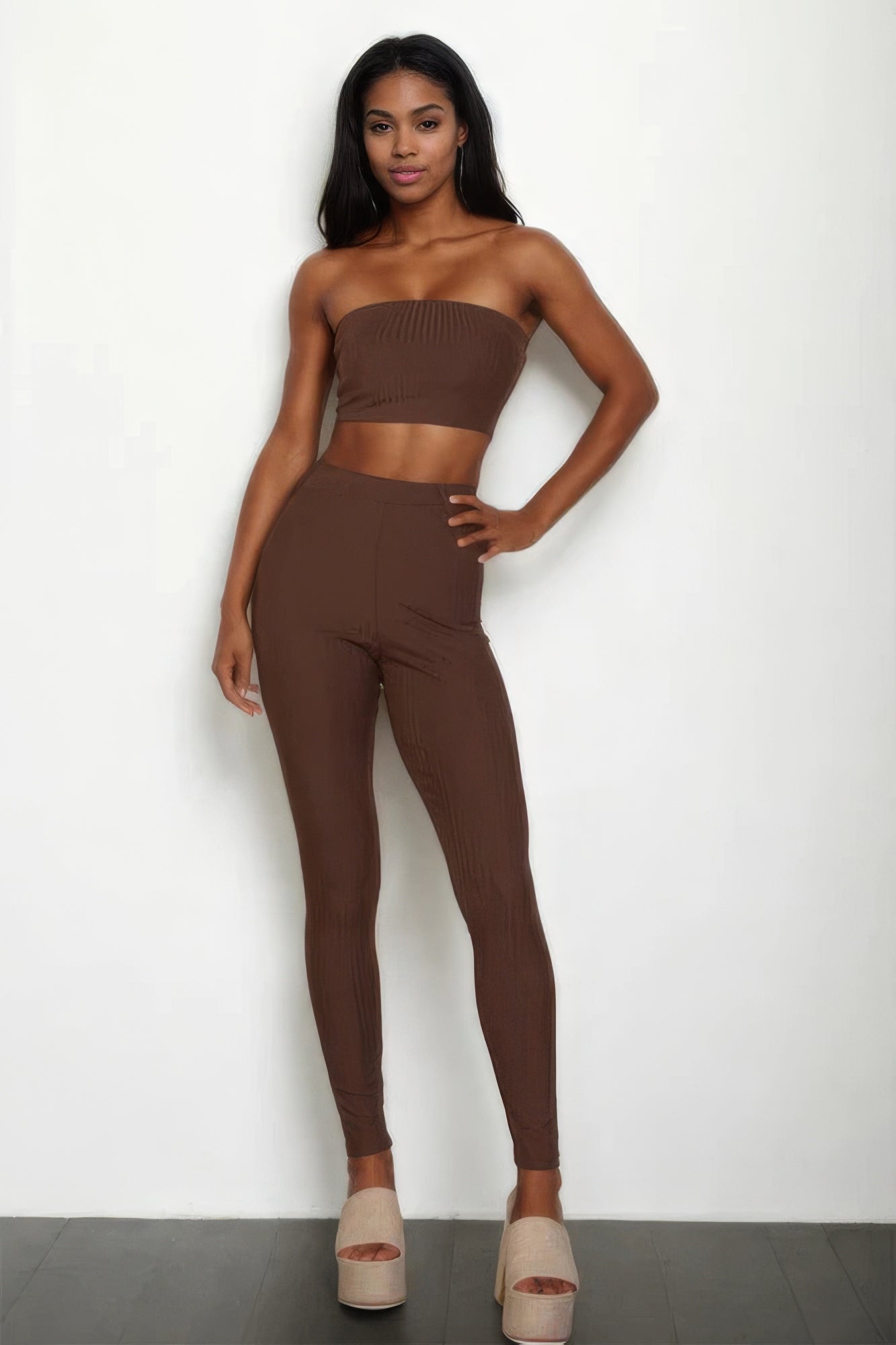 Ribbed Tube Top & Leggings Set - Coffee / S