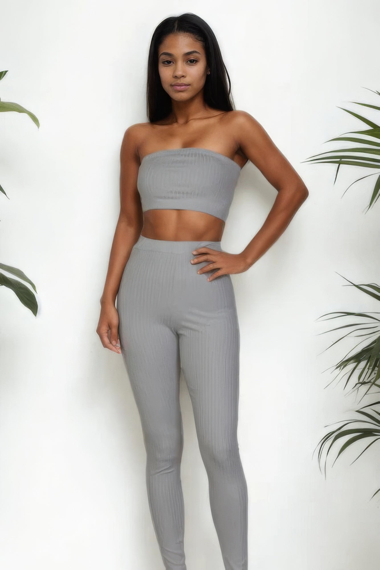 Ribbed Tube Top & Leggings Set - Grey / S