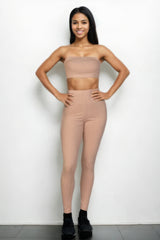 Ribbed Tube Top & Leggings Set - Khaki / S