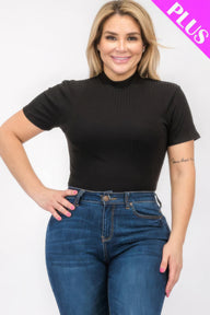 Plus Size Ribbed Short Sleeve Bodysuit - Black / 1XL