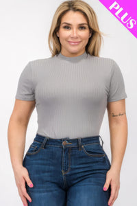 Plus Size Ribbed Short Sleeve Bodysuit - Grey / 1XL